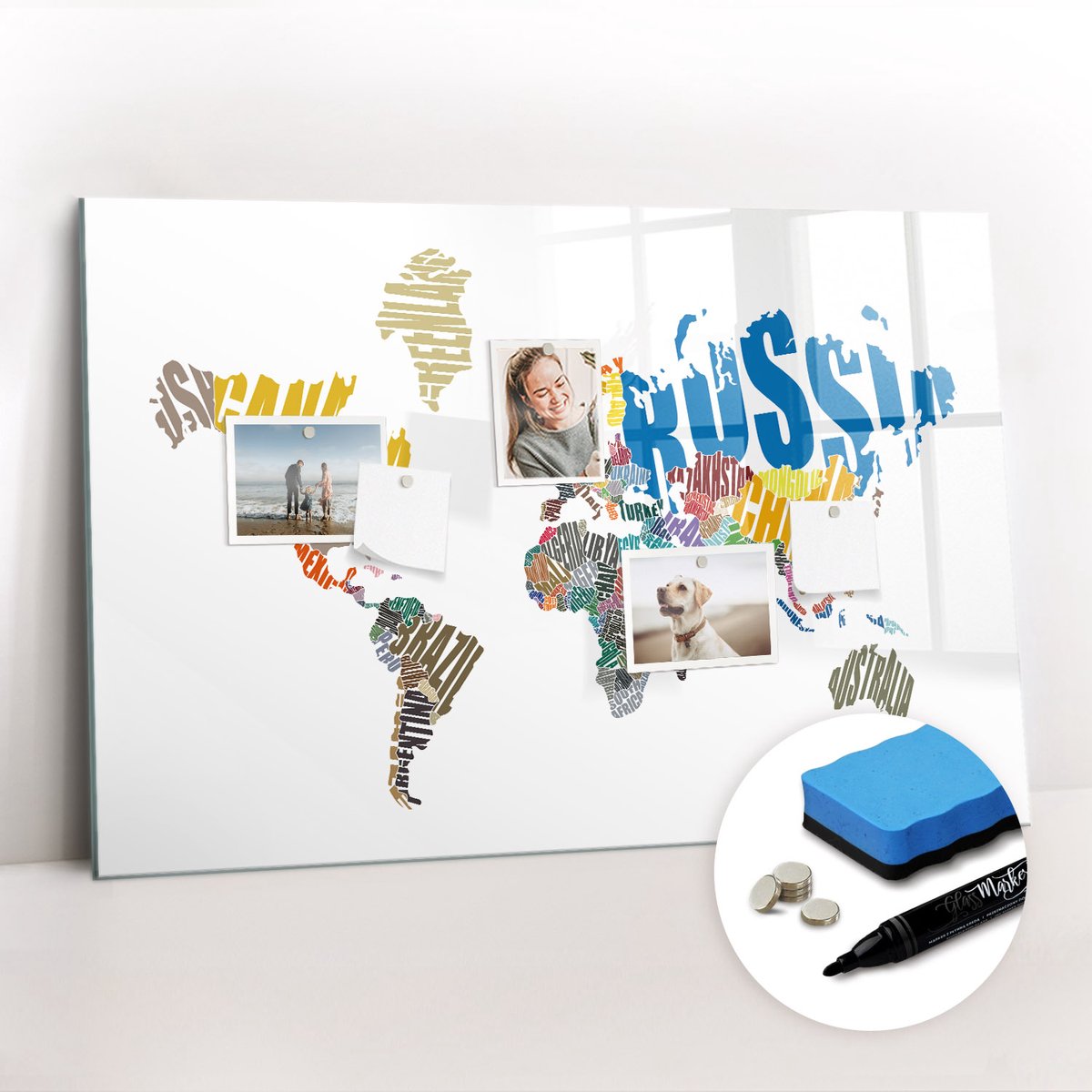 Tulup Whitebord - Typografische wereldkaart - 90 x 60 cm - Veelkleurig Magnetisch Bord - Gratis 5 Sterke Magneten + Whiteboard Marker & Wisser - Moderne Wanddecoratie - Memo Magneetbord - Notitiebord Werkplek