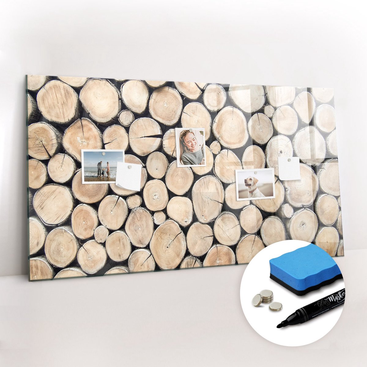 Tulup Whitebord - Boomstronken afzagen - 120 x 60 cm - Bruin Memobord Glas - Gratis 5 Sterke Magneten + Whiteboard Marker & Wisser - Stylish Memo Board - Memo Bord - Organiseer Je Bureau