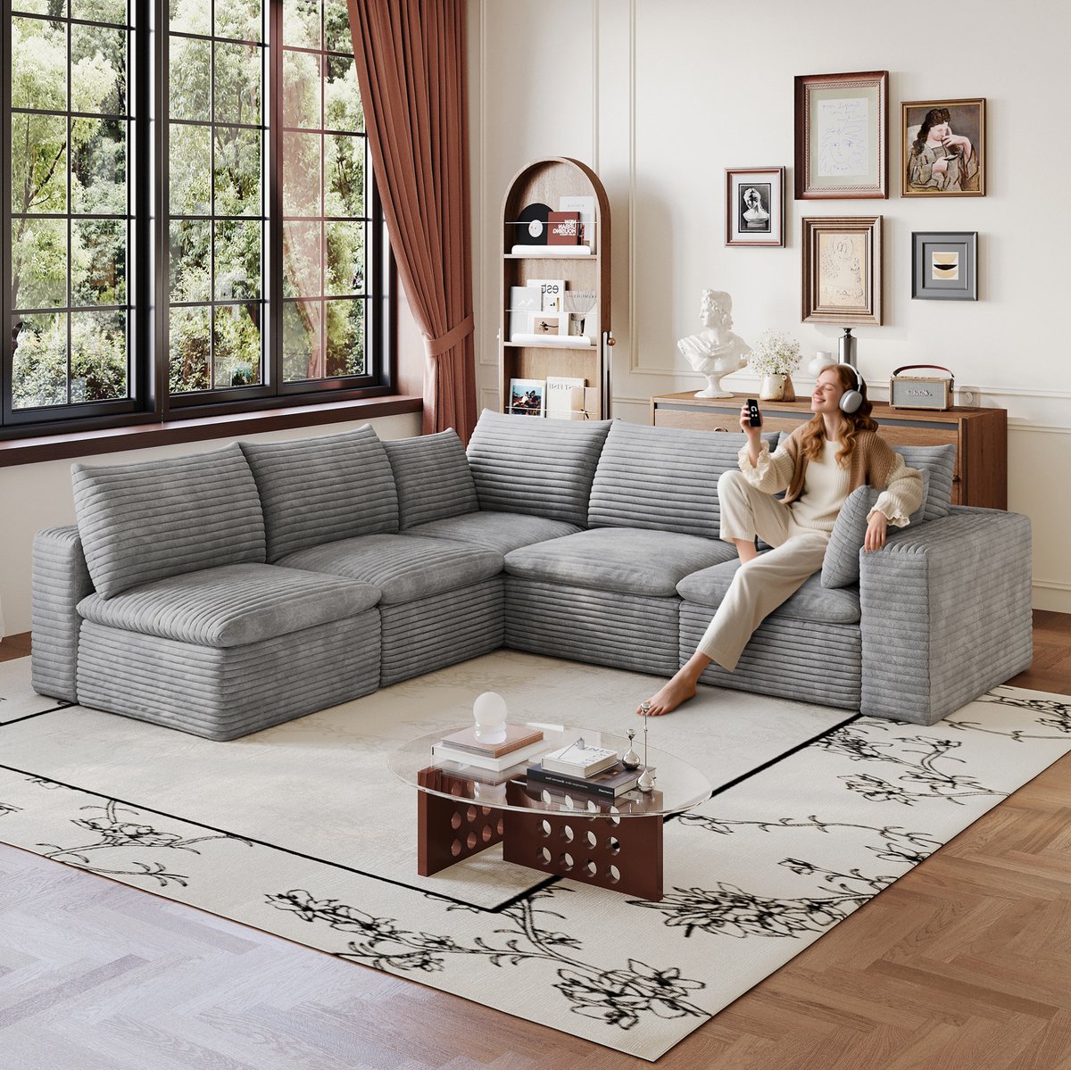 FloraGrace Hoekbank – 5-Zits Modulaire Bank Met Afneembare Kussens – Zonder Montage Voor Woonkamer Of Slaapkamer – Corduroy Stof – Grijs