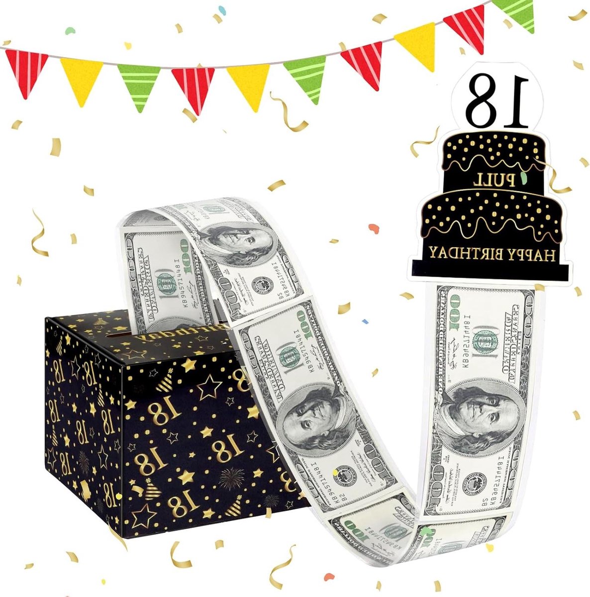 Spaarpot Geldcadeau - Verjaardag Box - Geld Verrassing - Uittrekbare Geldstroom - 24 x 17 cm - Zwart Goud
