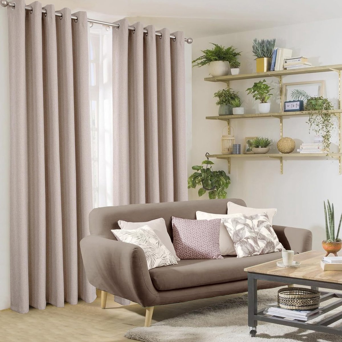always4u 100% verduisteringsgordijn, warmte-isolerende gordijnen van kunstlinnen, met oogjes, voor woonkamer, balkon en slaapkamer, modern, beige, 140 x 175 cm, 2 stuks
