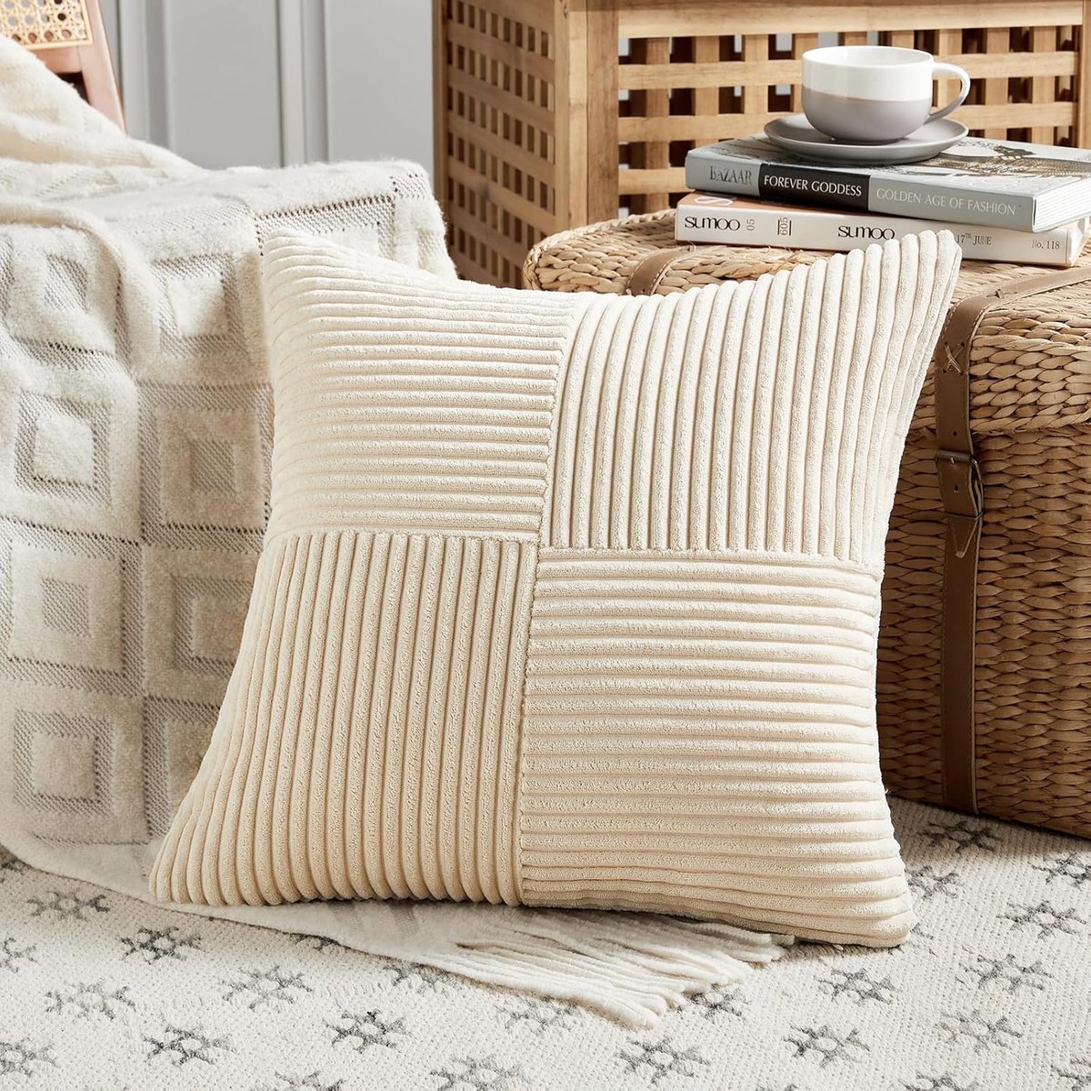 FDTERN 1 stuk beige kussenhoes 45 x 45 cm zachte corduroy kussenhoezen kussenhoes decoratieve kussenhoes bankkussen decoratief kussen boho decoratie voor bank slaapkamer woonkamer balkon (zonder kussenvulling)