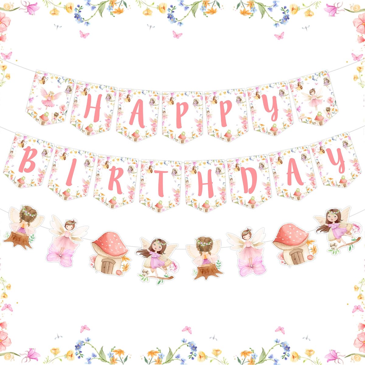 verjaardagsbanner voor meisjes, Happy Birthday-slinger, hangende banners met roze bloementhema, verjaardagsfeestaccessoires voor meisjes van 1, 2, 3, 4, 5, 6