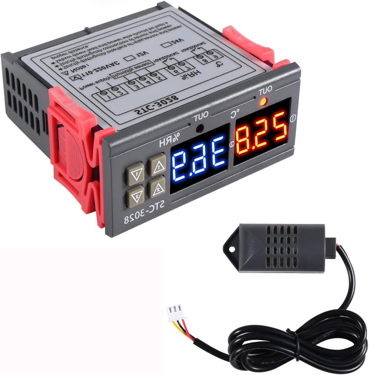 Temperatuurregelaar Vochtigheid - Thermostaat Hygrometer - Incubator Controle - Dubbel Digitaal Display - AC 110-220V - Grijs