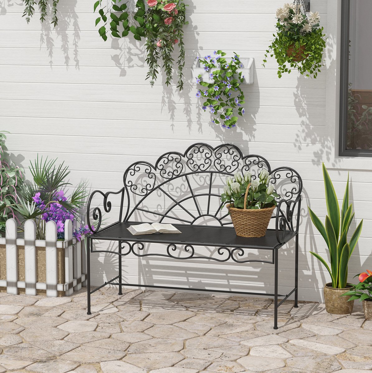 MEUNIQ metalen tuinbank 2-zits 107 x 55,5 x 90,5 cm met decoratieve rugleuning voor tuin, balkon of park, roestvrij en weerbestendig, zwart