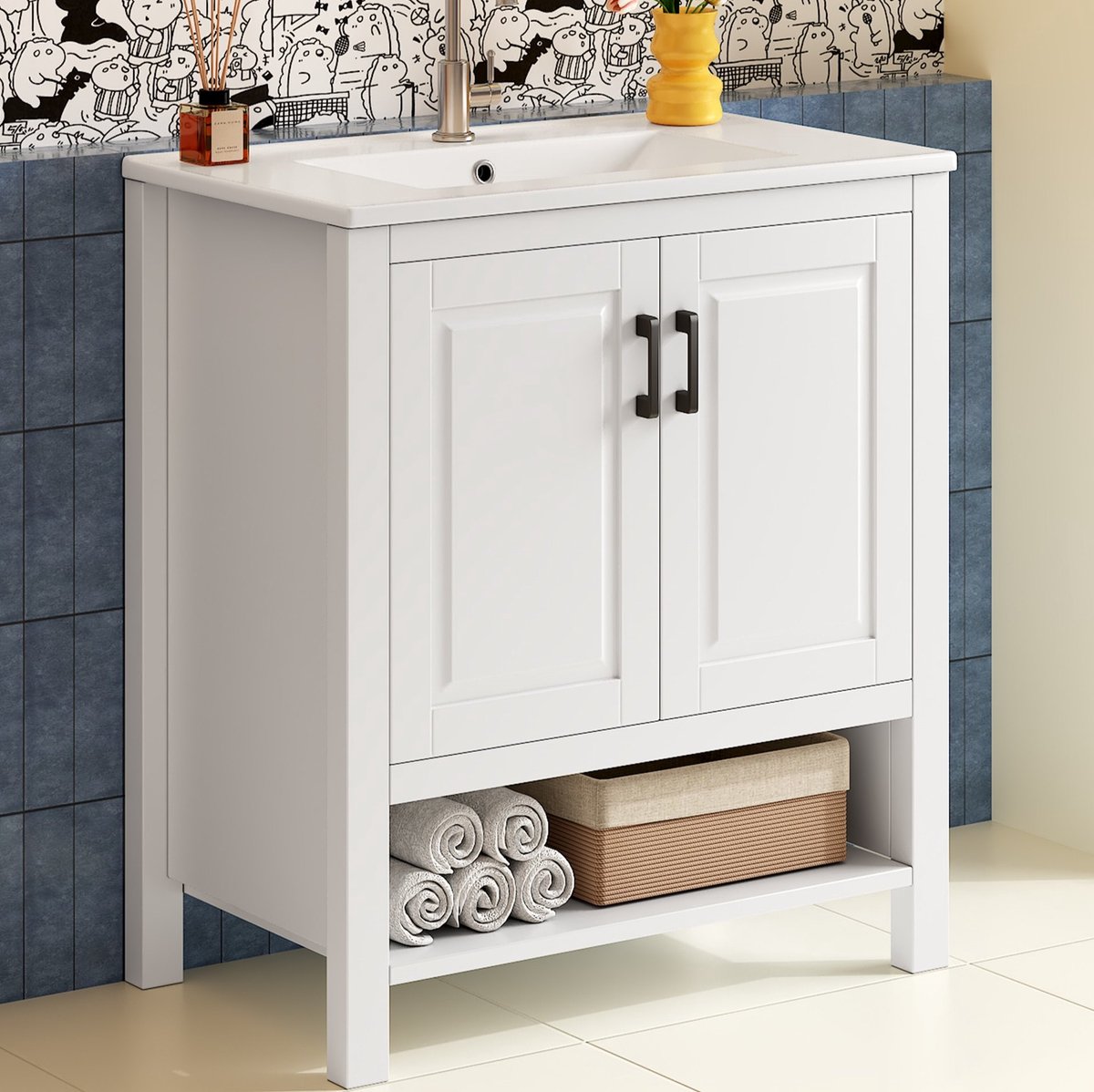 STILVORA Badkamermeubel - Staand Met Keramische Wastafel En Dubbele Deuren - Open Opbergruimte En Soft Close - MDF - 76,5x47x83 Cm - Wit