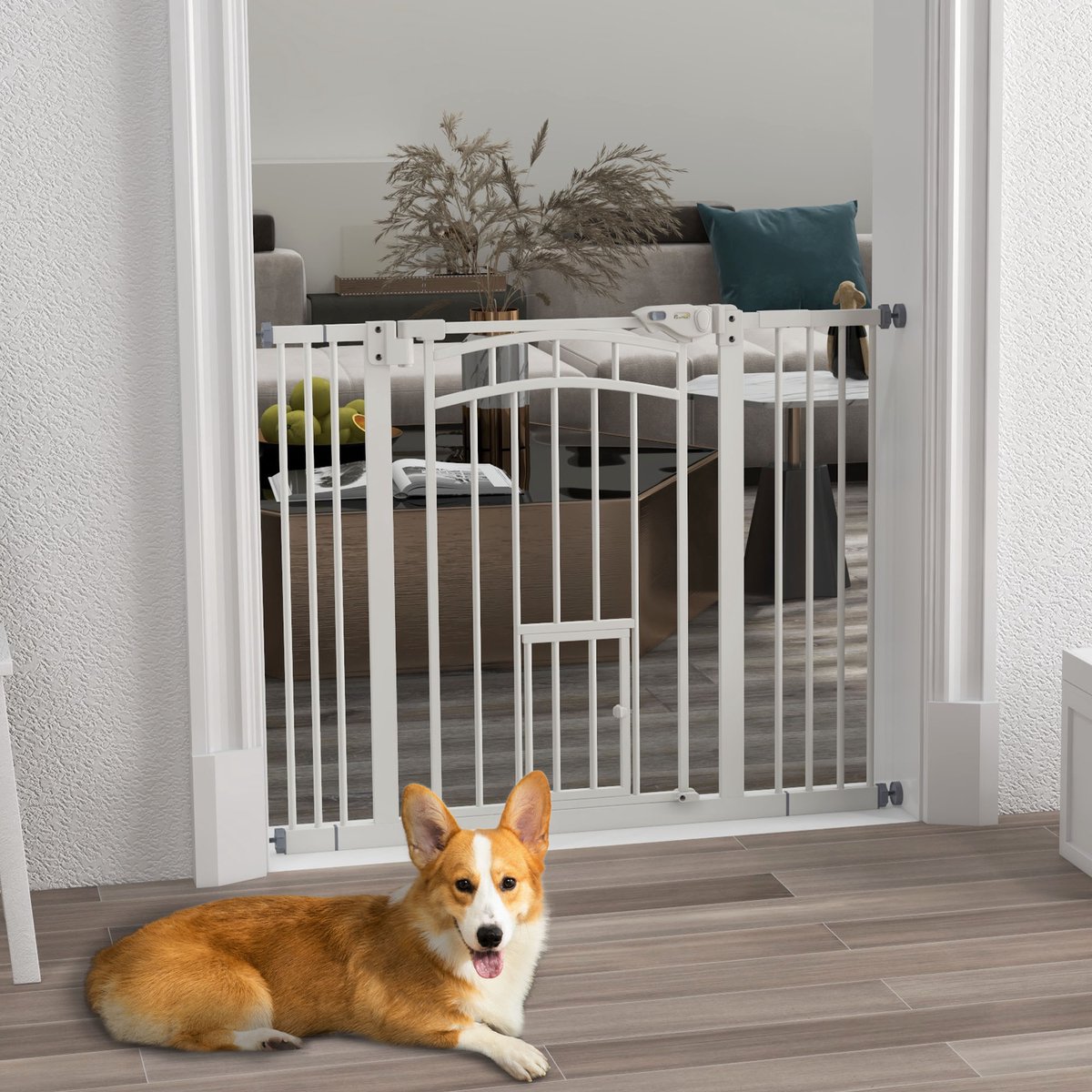 MIVRAY Hondenhek Automatisch Sluitend Met Kattenluik 76 Cm Staal Wit Voor Deur, Trap En Gang 74 Tot 100 Cm