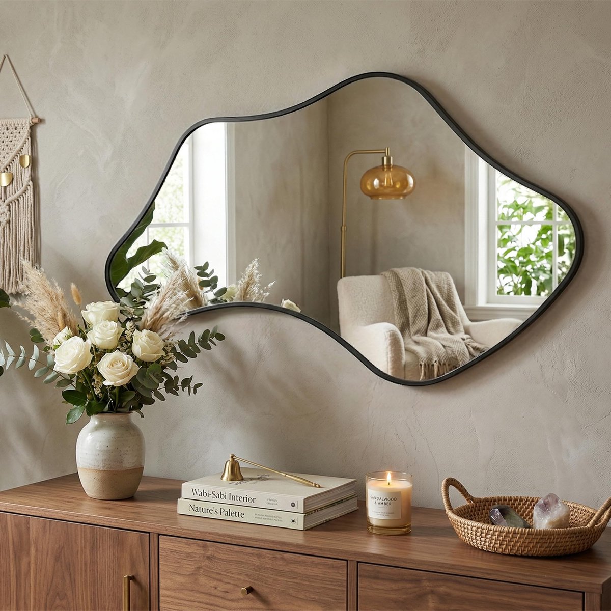 Wandspiegel, unieke decoratieve spiegel voor slaapkamer, hal en woonkamer (zwart, 65 x 110 cm)