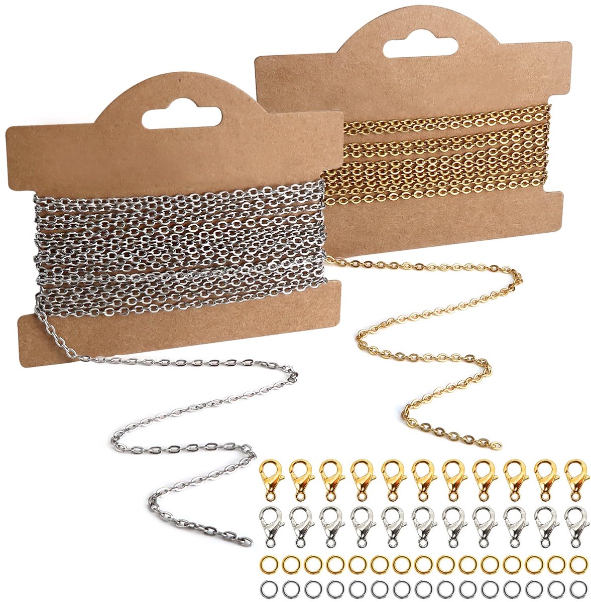 Halskettingen van roestvrij staal, 5 m, ketting voor sieraden, zilver, goud, met 20 sluitingen, karabijnhaken en 60 open ringen, voor armbanden, halskettingen, bedels, sieraden maken