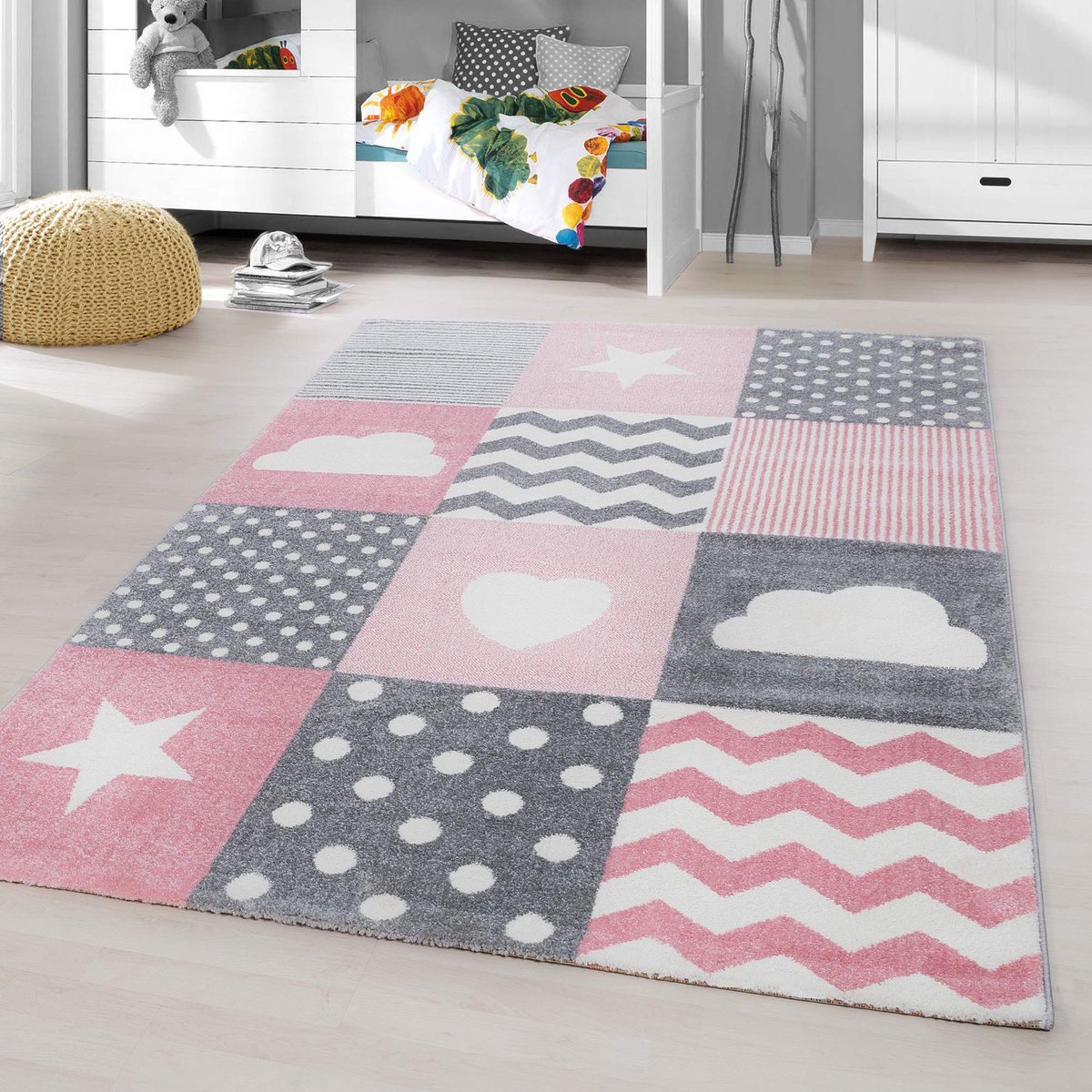 Kindertapijt, laagpolig, hart, ster, wolk, tegeldesign, kinderkamer, babykamer, speelkamer, 11 mm, poolhoogte, zacht, rechthoekig, rond, loper, roze, maat: 200 x 290 cm