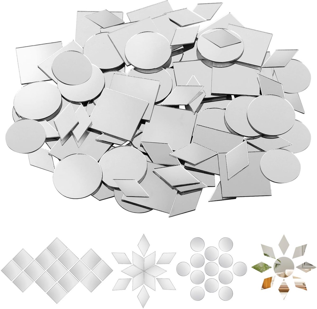300 stuks kleine spiegels om te knutselen, 3 vormen, kunststof en glazen spiegeltegel, voor kunst, muur, deur, decoraties