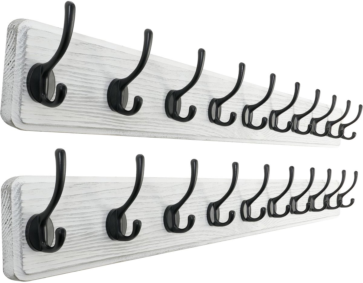 SKOLOO Witte houten kapstok (2 stuks), 98 cm lang, houten kapstokhaak wand, rustieke stijl, stevige kapstokhaak met 10 haken