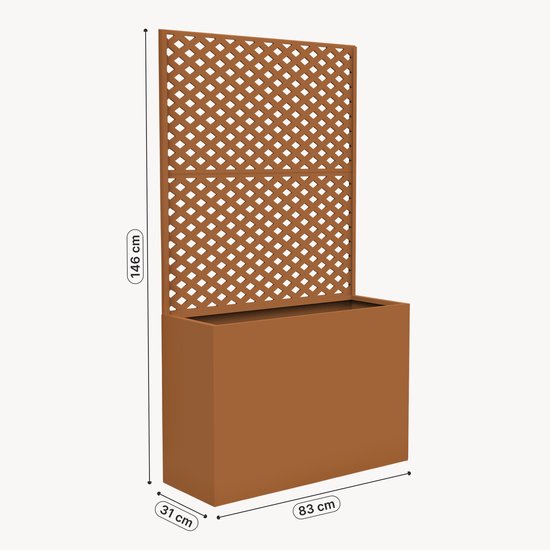 Bruine plantenbak met raster, afmetingen 146x83x31 cm.