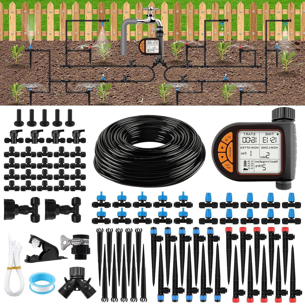Automatisch Irrigatiesysteem - Druppelslang Kit - Tuin Water Geven - Upgrade Push-to-Fit - 196 Voet - Zwart