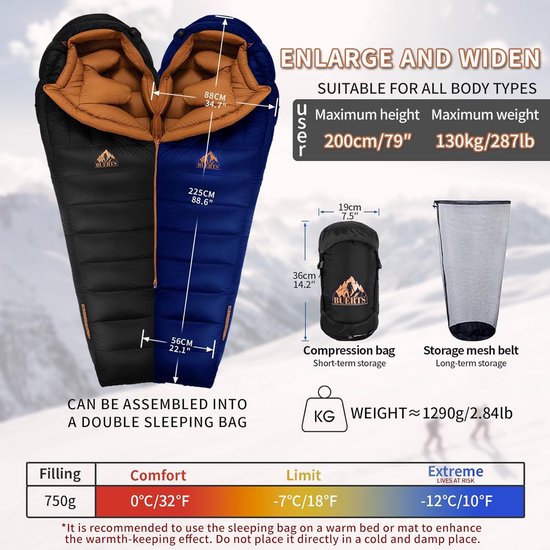 Winter Dons Slaapzak - Mummie Slaapzak - Kamperen en Hiken - Extreme Koude Bescherming - XXL Groot - Blauw — afbeelding 2