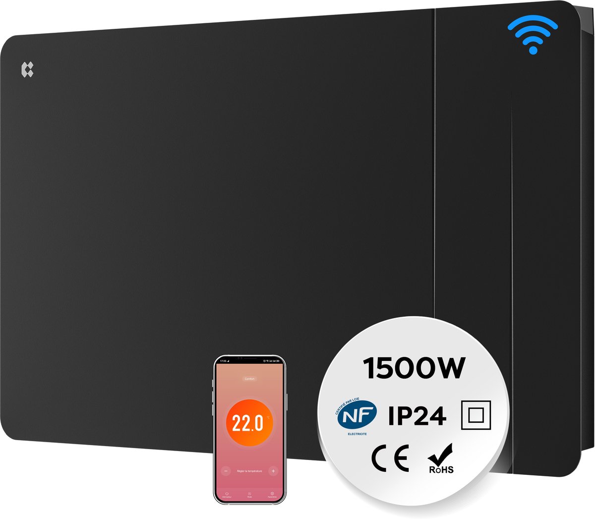 CIARRA CBHTD15A-B - Elektrische Kachel 1500W - Wandradiator met WiFi App - Keramische droge-inertieradiator - Programmeerbare Thermostaat -Badkamerverwarming - IP24 - 15m²- Zwart
