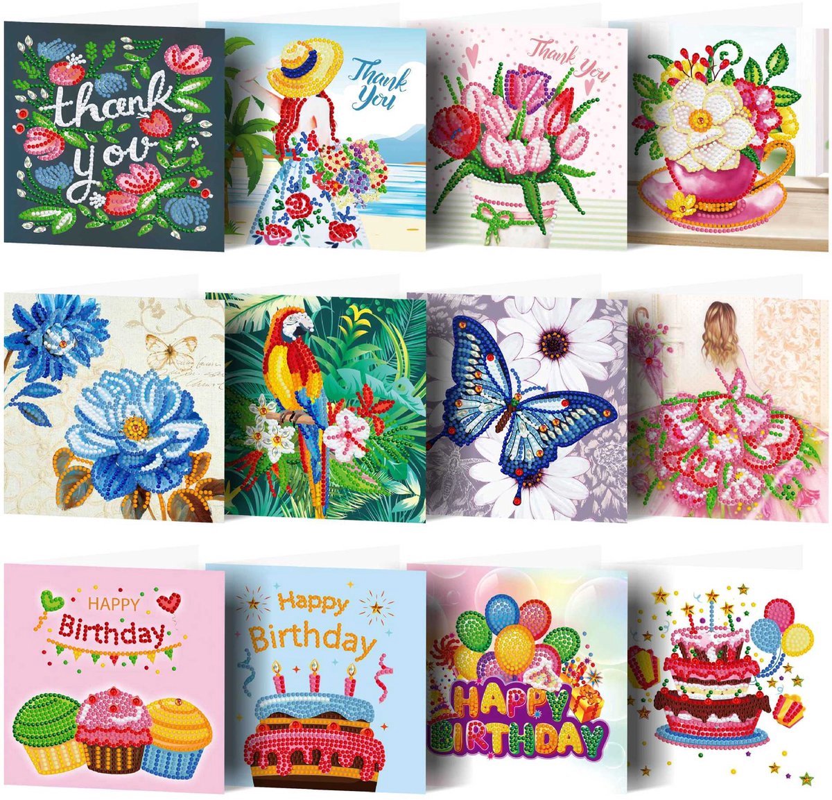 Casalora Diamond Painting kaarten - 12 Diamond Painting Wenskaarten - Diverse kaarten - DIY Kaarten, Speciale Diamanten, Enveloppen en Accessoires