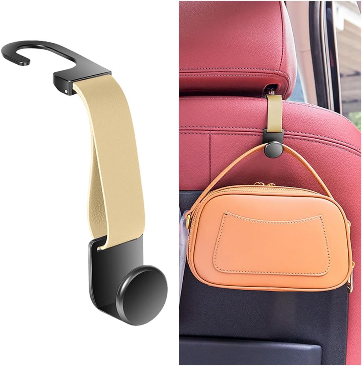 Hoofdsteunen autohaken, autohandtashaken voor de auto, opberghaak, achterbank, hoofdsteunhanger, autostoel-rugleuninghaak, leren haken, verborgen haken voor autostoel, beige
