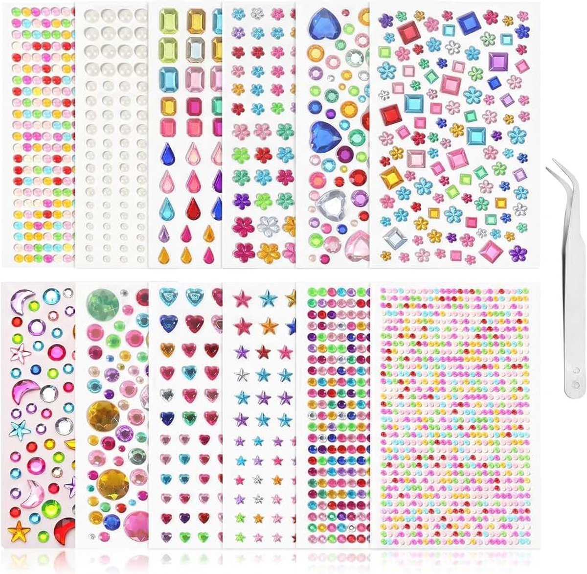 3800 stuks glitterstenen, zelfklevend, kleurrijke acryl strass-steentjes, zelfklevend, om te knutselen, doe-het-zelf handwerk, decoratie met pincet, verschillende vormen voor fotolijsten en