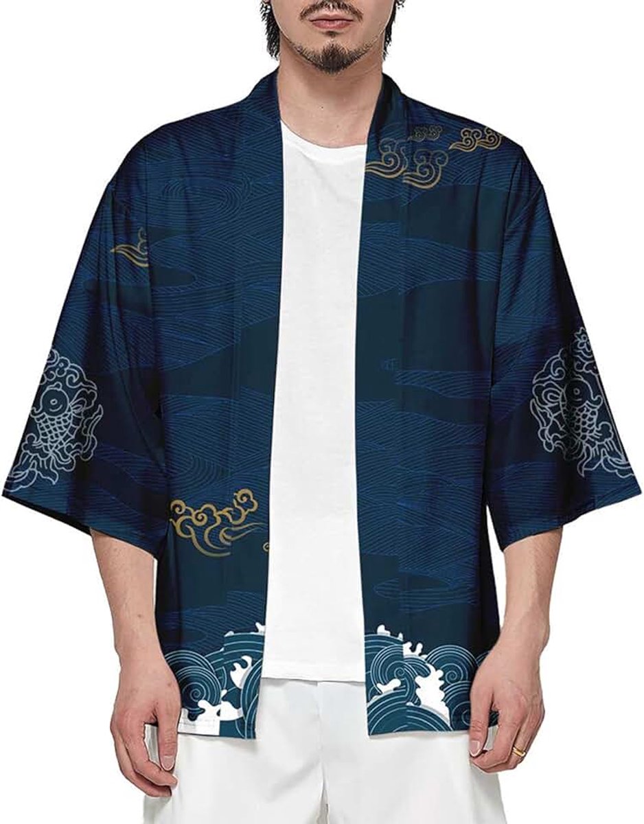 Kimono-jas voor heren, Japanse 3/4-mouwen, open stijl, cardigan, print met kraanvogelmotief