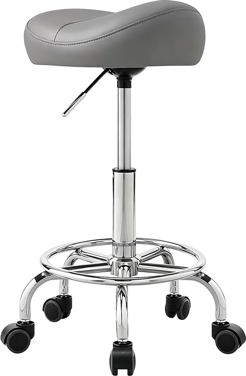 Zadelkruk in hoogte verstelbaar 50-70 cm met wielen, tot 150 kg, ergonomische rolkruk, 360° draaibaar, robuust kunstleer met dik zitkussen, gecertificeerde gasveer, grijs