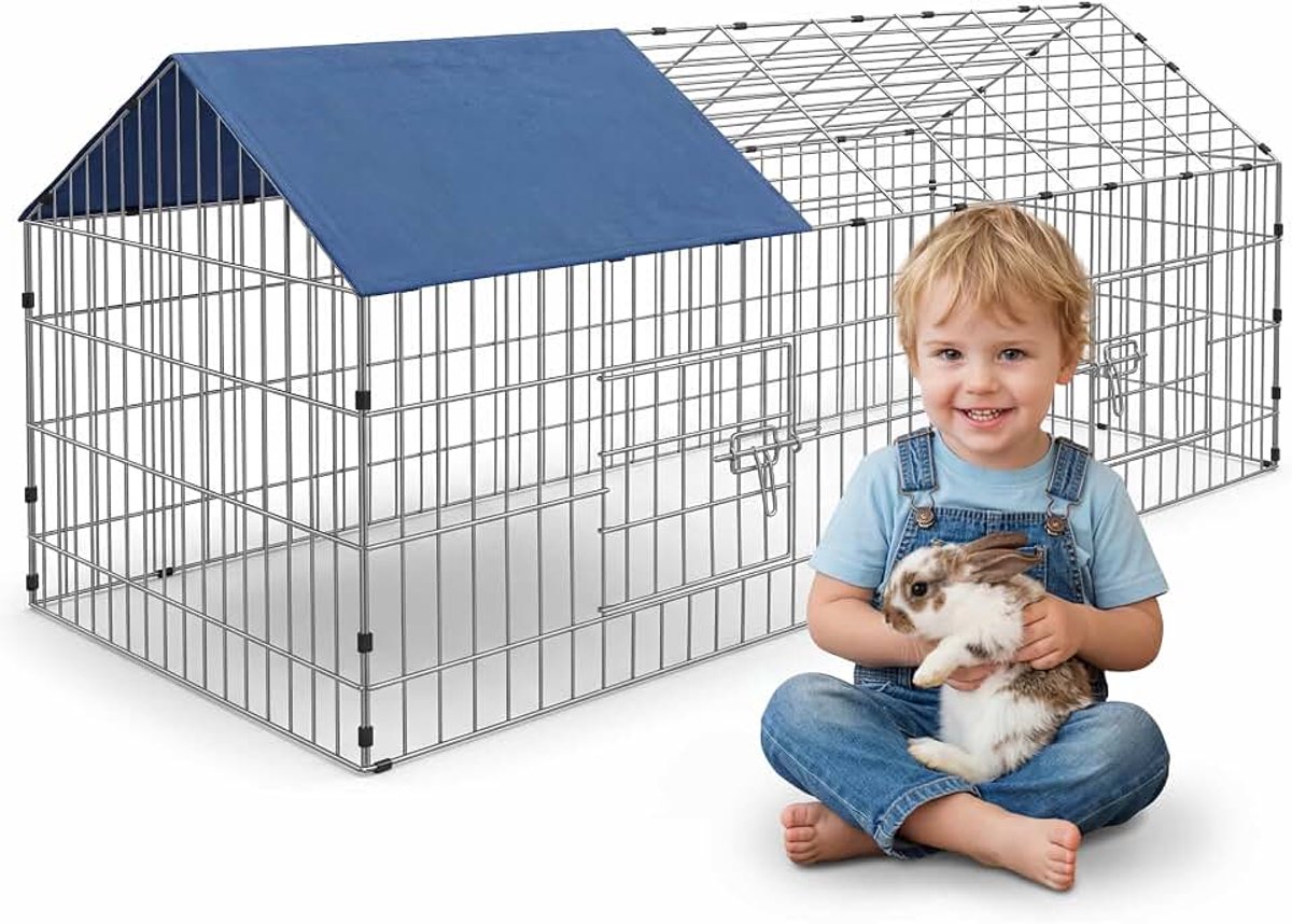 Behuizing Ren Kooi met Blauwe Zonnebescherming 1.80m Cavia Varken Looprek Hok Kooi