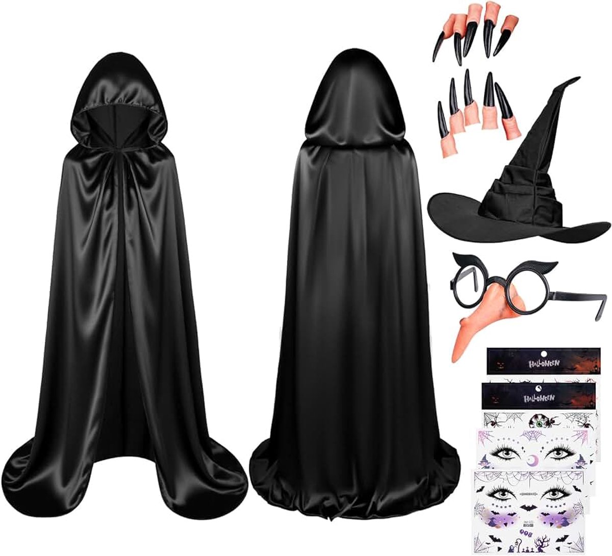 Heksenkostuum voor dames, heksencape met capuchon, 8 stuks, Halloween mantel met capuchon en tovenaarshoed/zwarte cape/neus/stickers/nepnagels, verkleedkostuum, maskerade feest (150)