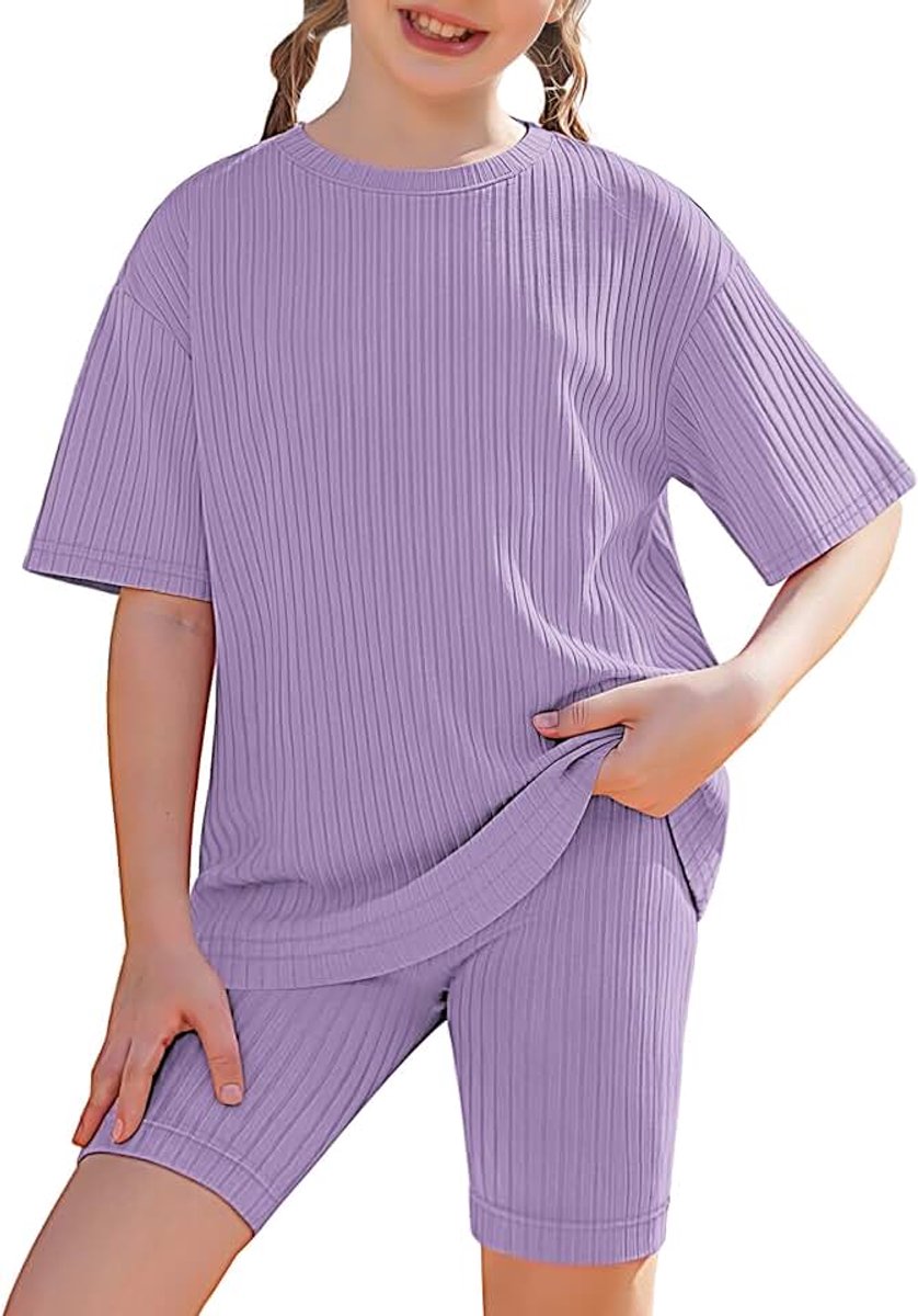 2-delige meisjeskledingset zomeroutfit T-shirt korte mouwen geribbelde shorts casual kleding stretch ademend voor kinderen 5-13 jaar