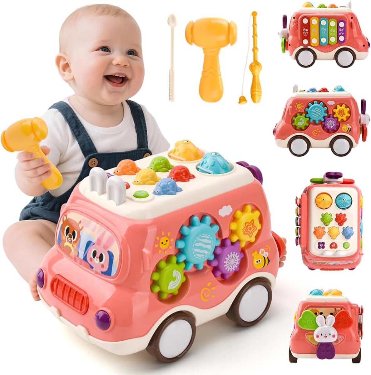 Vanaf 1 jaar, muziekbus, kinderspeelgoed met xylofoon, hamerspel, Montessori muziekspeelgoed vanaf 1 2 jaar, meisjes en jongens, educatief speelgoed, cadeaus (roze)