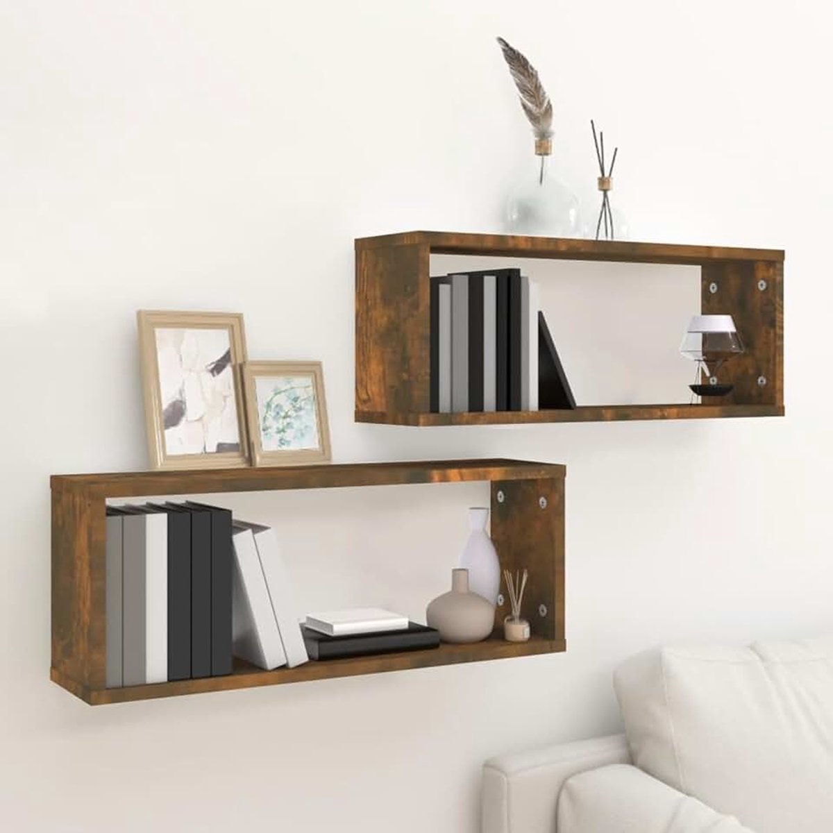 Zwevende planken, decoratieve emmer voor keuken, slaapkamer, 2 stuks, hout, rokerig eiken, 60 x 15 x 23 cm