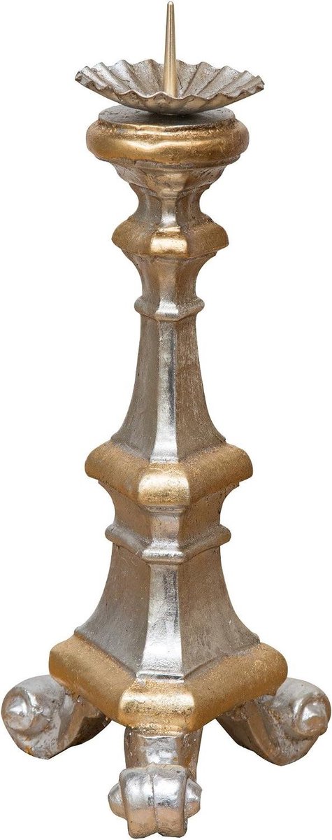 Houten Kaarsenhouder - Houten Kandelaar - Huis Decoratie - Handgemaakt in Italië - 29 x 13 x 13 cm - Zilver/Goud