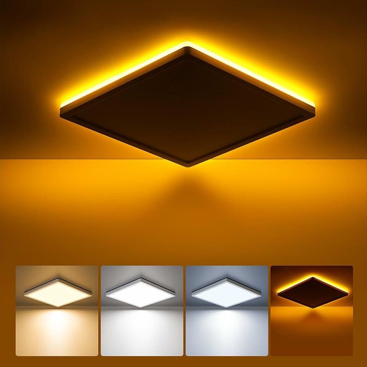 LED Plafondlamp Plat, 18W Plafondlamp met 2000K Nachtlampje, 1800LM Warm Neutraal Koud wit 3000K/ 4000K/ 5000K, Paneel voor Gang Slaapkamer Keuken Balkon Kelder Kantoor，Ultradun 22CM Vierkant