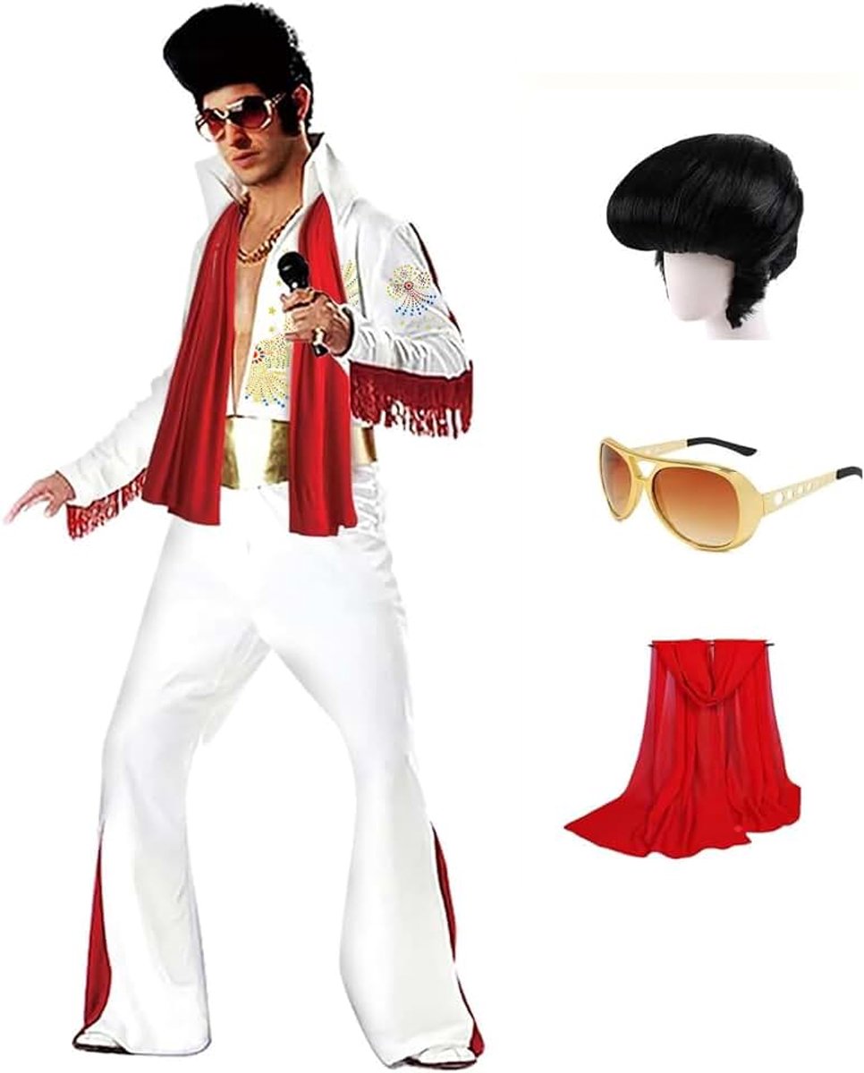 Heren 50s Rock Star Disco Outfit Kostuum Halloween Kostuum Volwassen voor Mannen 5 STKS: Jumpsuit Pruik Zonnebril Riem Rode Sjaal
