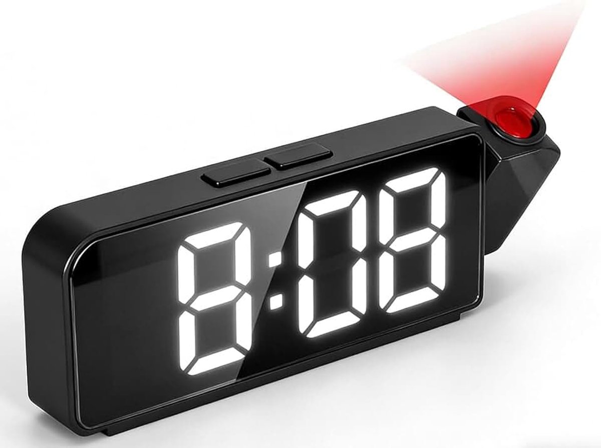 Projectiewekker voor slaapkamer, projectiewekker, nachtkastje, digitale wekker met groot led-display, digitale klok met 180° projector, USB-oplader, 3 helderheidsdimmers, bureau, muur, plafondklok