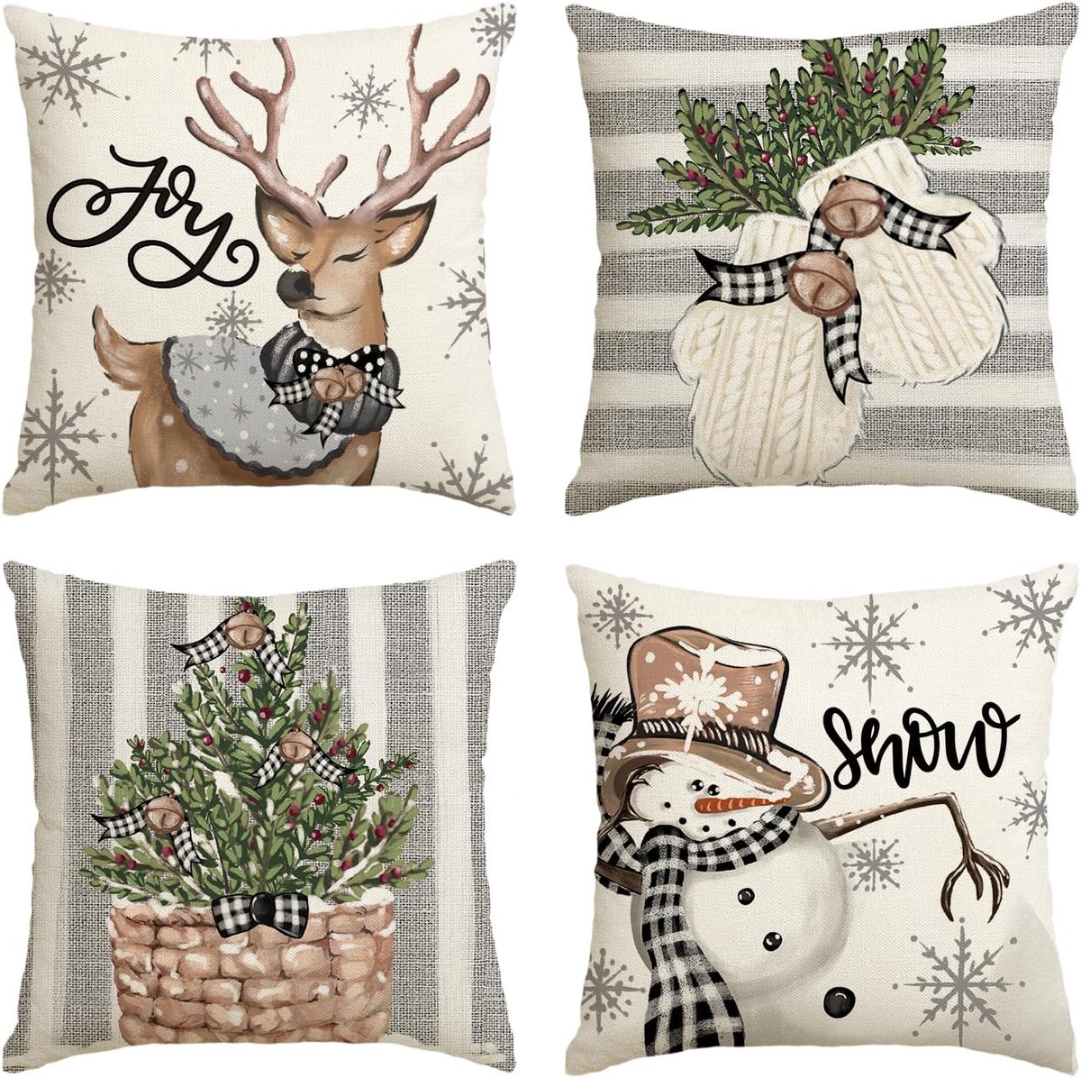 Mode Sneeuwpop rendierhandschoenen, set van 4, 40 x 40 cm, sierkussensloop, kussenovertrek, bank, woonkamer, buiten, decoratie