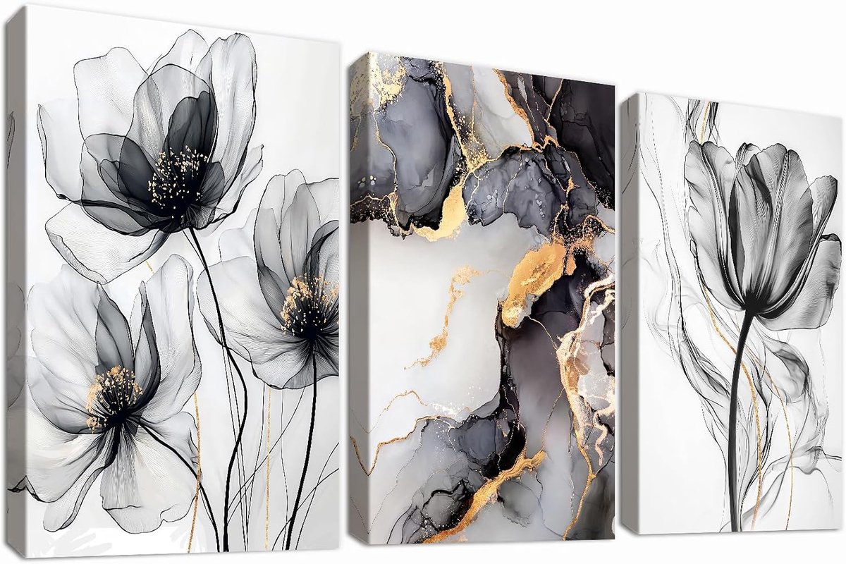 Ingelijste canvas muurkunst op hout, set van 3 stuks, luxe print, vintage bloemenschilderij, wanddecoratie, voor woonvertrekken en de hal, aquarel klaprozen, marmerzwart-as-goud, 50 x 70 cm