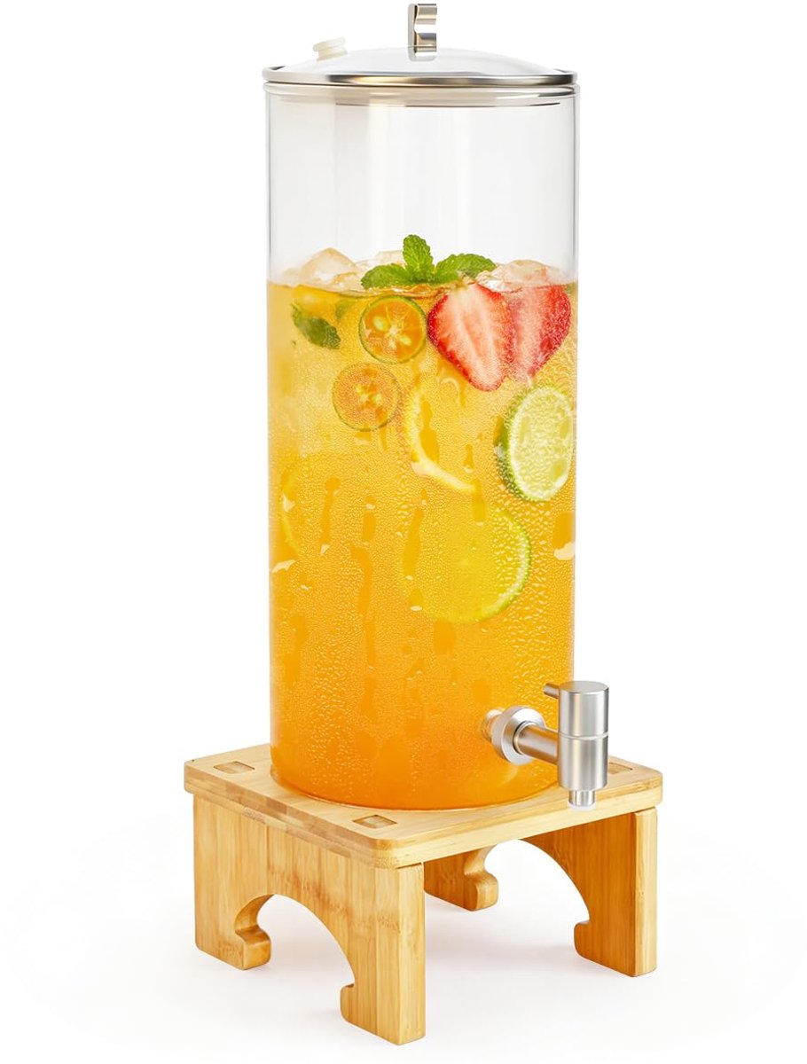 Drankdispenser met standaard, drankdispenser van glas met tapkraan van massief roestvrij staal voor gekoelde sappen, water, zelfgemaakte drankjes, feesten, bruiloften