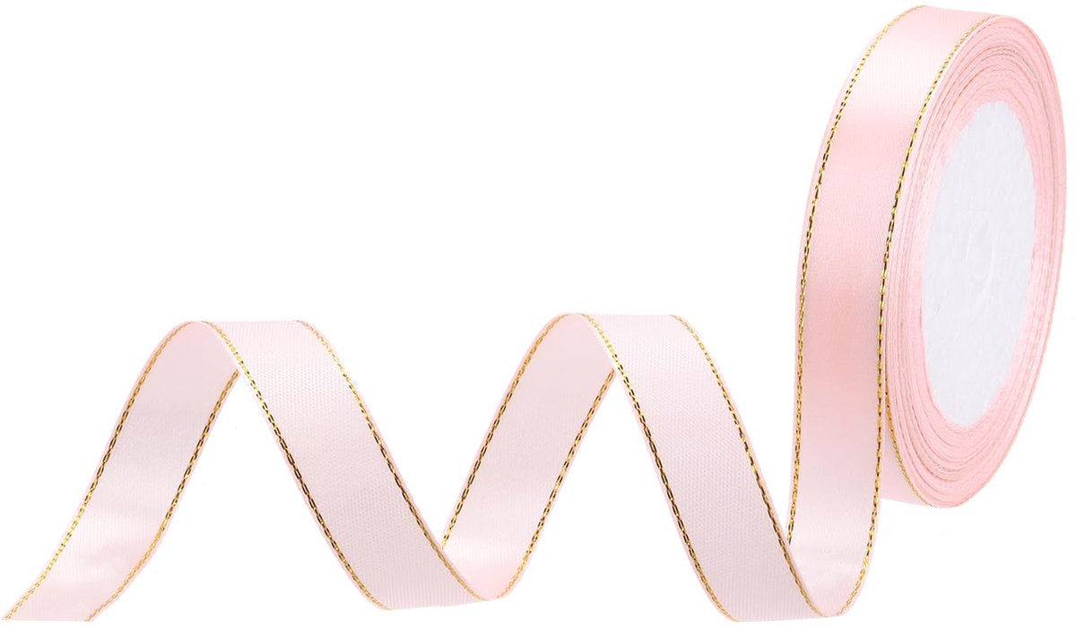 Satijnen lint van 1,5 cm, 23 m breed, met gouden randen, voor geschenkverpakkingen, bruidsboeketten, roze