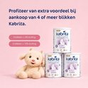 Drie blikken Kabrita 2 opvolgmelk en een geitenknuffel, met kortingsinformatie.