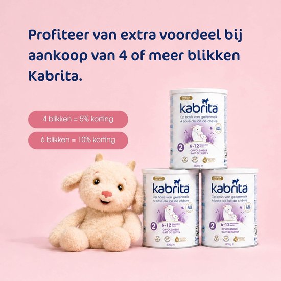 Drie blikken Kabrita 2 opvolgmelk en een geitenknuffel, met kortingsinformatie.