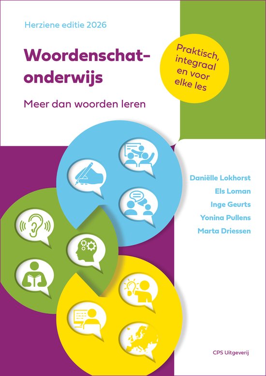 Titelpagina 'Woordenschatonderwijs' met iconen voor leren en spreken, en auteursnamen.