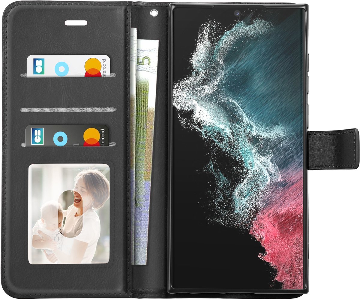 Mayaxess, Portemonnee Hoesje Geschikt voor Samsung Galaxy S22 Ultra met Polsbandje en Standaard, Zwart