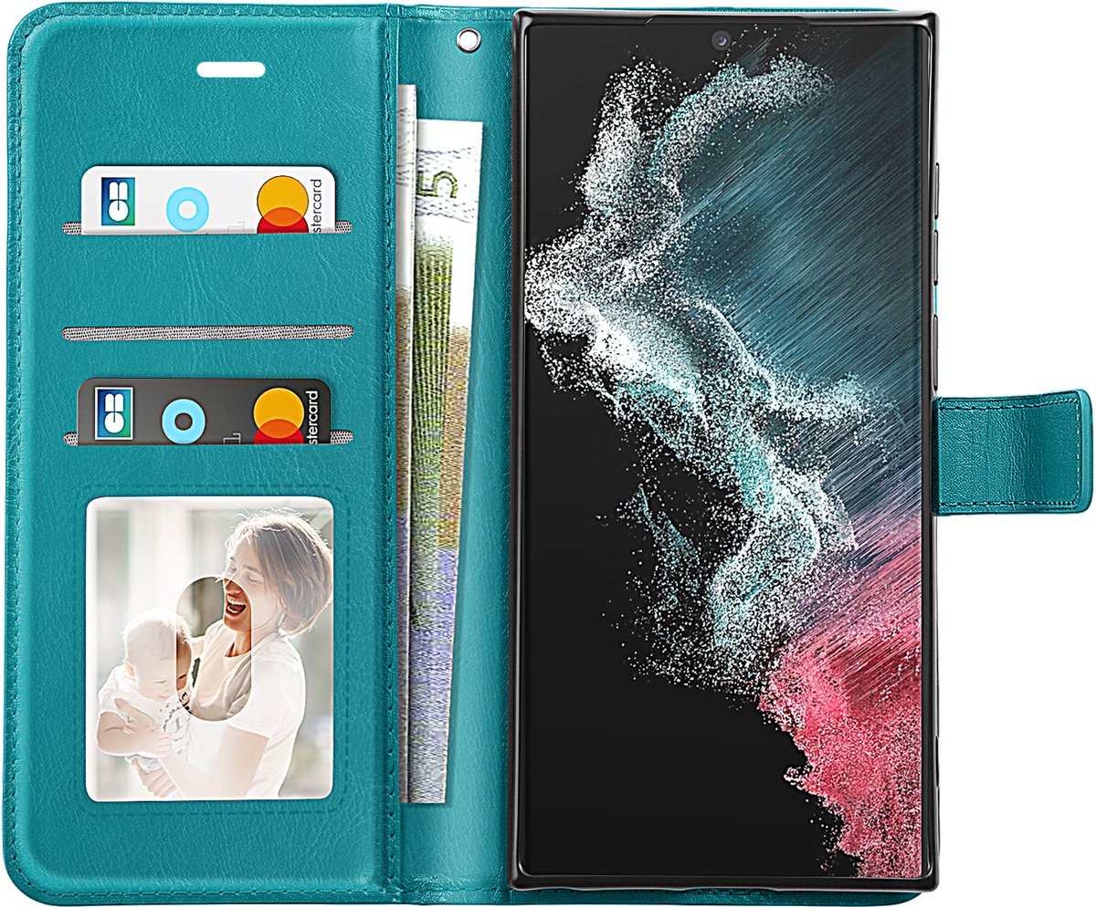 Mayaxess, Portemonnee Etui Geschikt voor Samsung Galaxy S22 Ultra met Standaard en Polsbandje, Turquoise