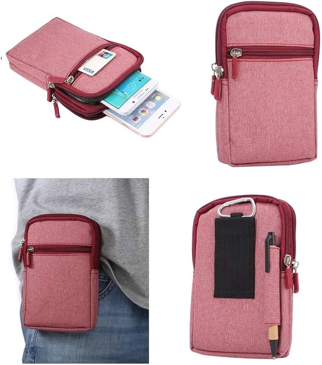 Multifunctionele Verticale Strepen Pouch Bag Case Ritssluiting Karabijnhaak voor Symphony Helio S1 - Rood (17 x 10,5 cm)