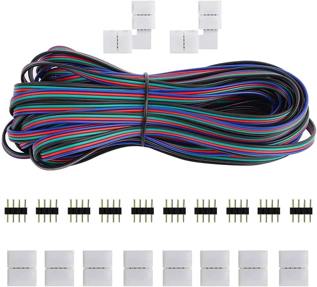 Led-verlengkabel, 20 m, 4-polige verbindingskabel voor ledstrip, incl. naadloze stekker, 4-polige 10 mm stekker voor 5050, 3528, 2835 ledstrips