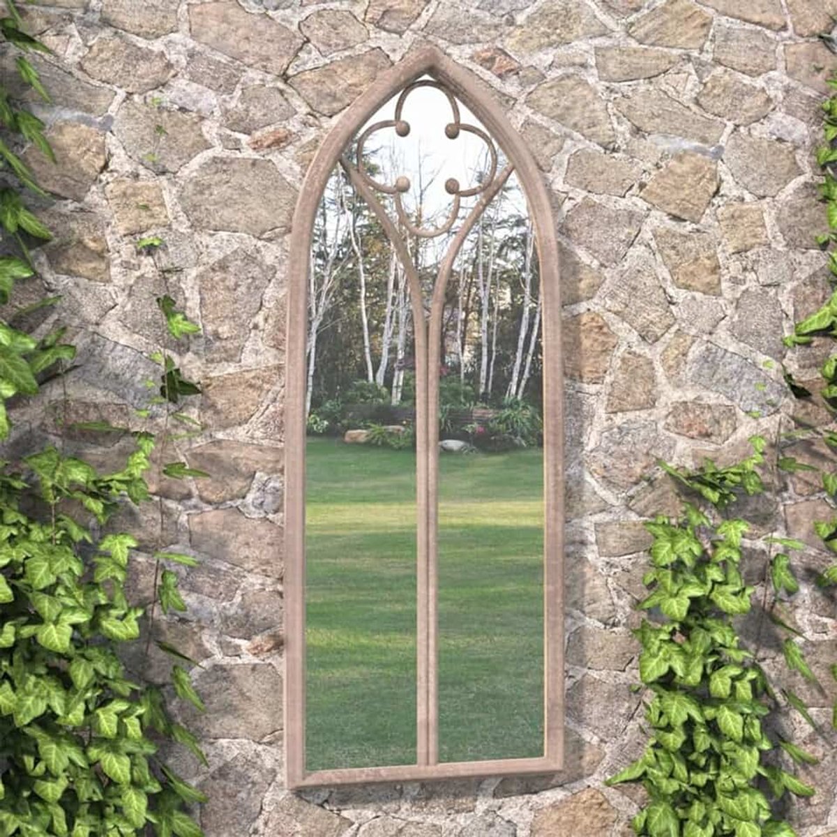 Spiegel, voor de tuin, voor buiten, voor de muur, aan de muur, van ijzer voor buiten, grote spiegel, decoratieve spiegel