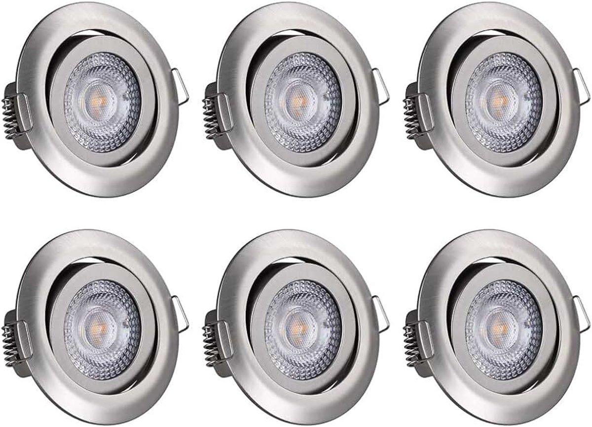 Spotjes 6 Stuks LED Vlak 68mm Dimbaar Draaibaar Warmwit 3000K Zilver Rond 230V Spots Inbouwspots