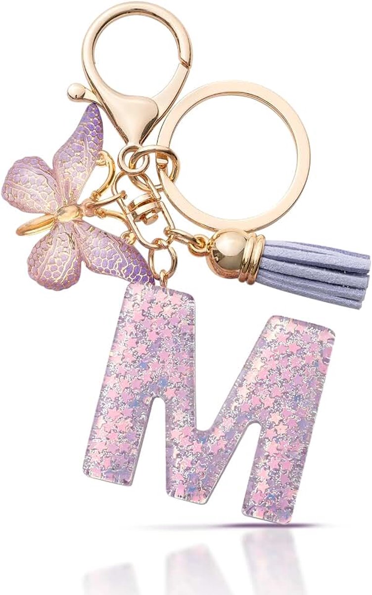 Sleutelhanger meisjes, sleutelhanger met letter, sleutelhanger vlinder, sleutelhanger beginletter voor vrouwen, roze