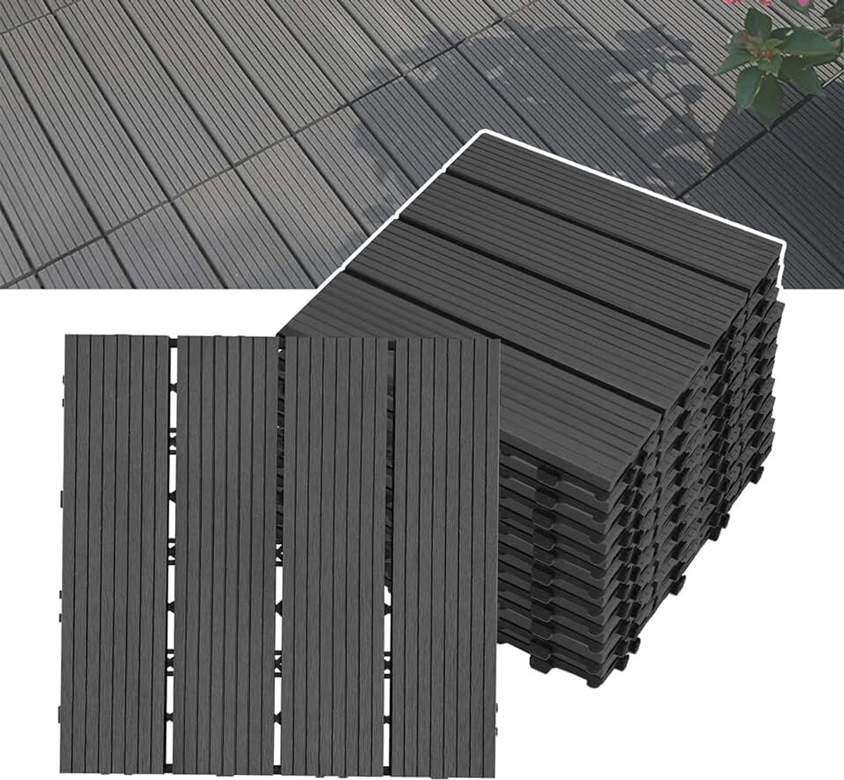 Terrastegels, kliksysteem, balkontegels, WPC, 30 x 30 cm / stuk, balkon, vloerbedekking, weerbestendig, met drainagefunctie, balkonvloer, houtlook, op maat te snijden, 11 stuks/1 m² (antraciet)