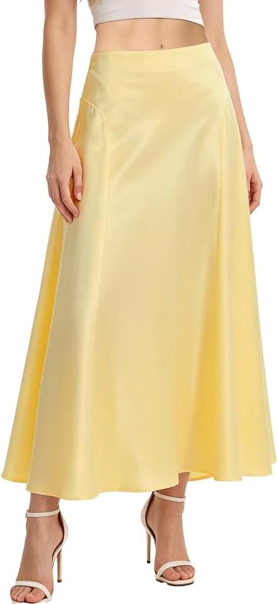 Satijnen rok voor dames, lang, elegant, hoge taille, A-lijn, effen, midi-rok, zomerrok, zakelijk, feestrok